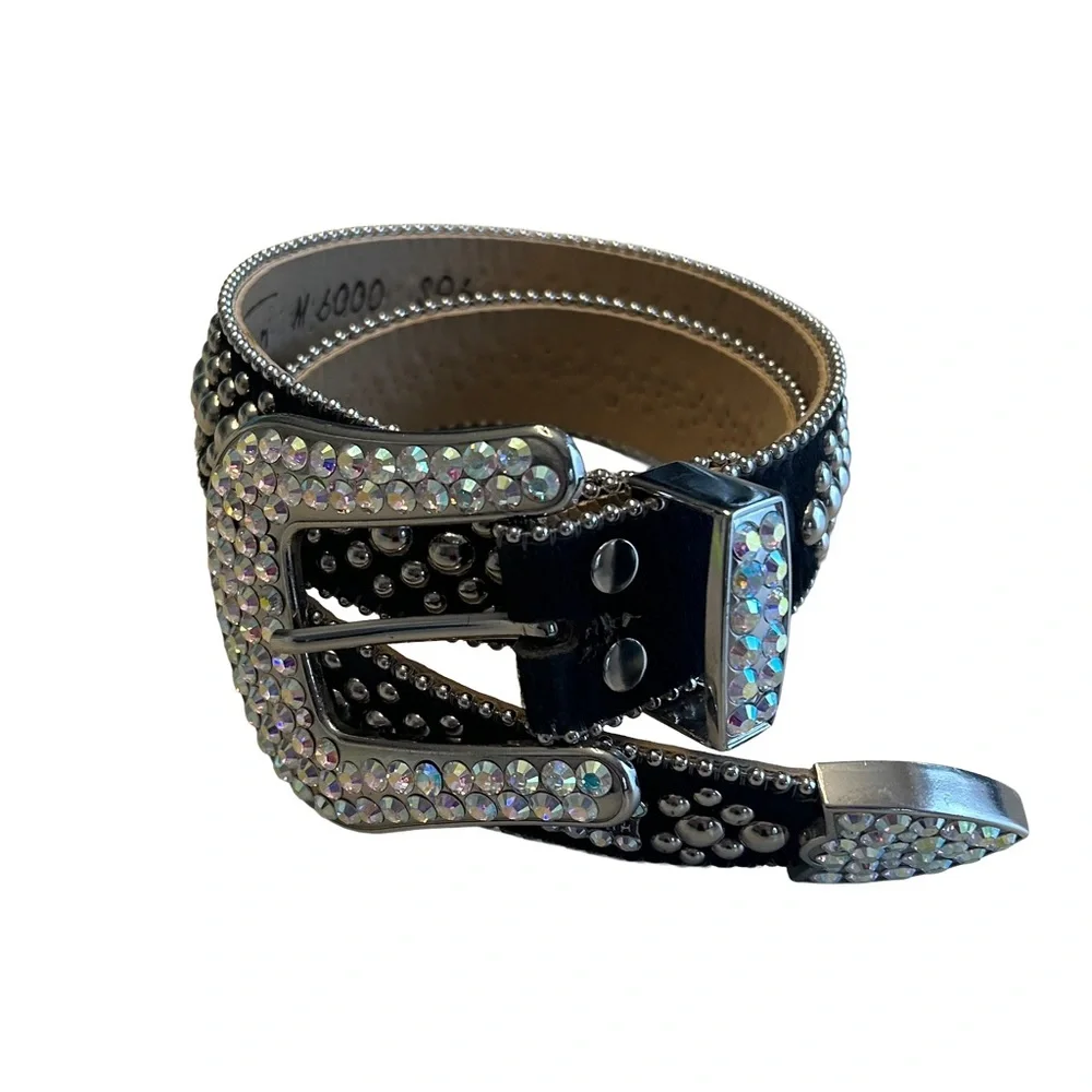 B.B. Simon M6000 Black Leather Belt with Silver and Iridescent Accents - Picture 5 of 12